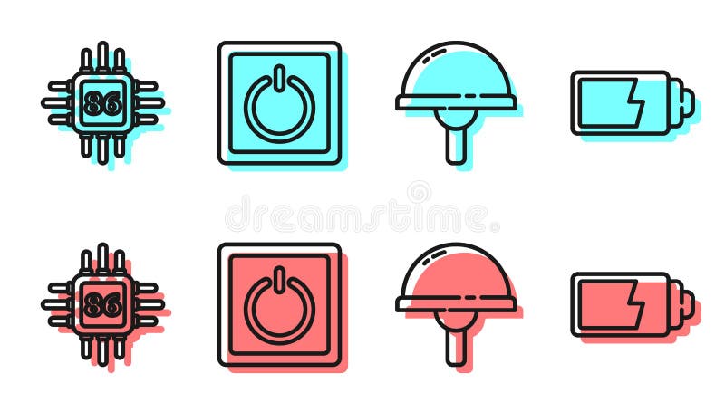 Set line Light emitting diode, Processor with microcircuits CPU, Electric light switch and Battery charge level royalty free illustration