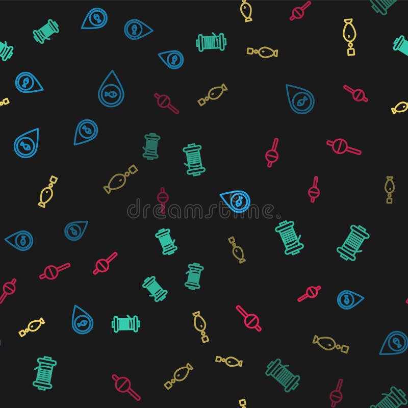 Set line Location fishing, Spinning reel for, Fishing spoon and float on seamless pattern. Vector stock illustration