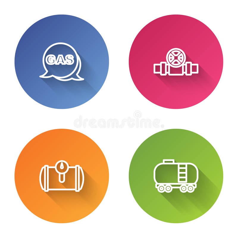 Set line Location and gas station, Metallic pipes valve, Gas tank for vehicle and Oil railway cistern. Color circle stock illustration
