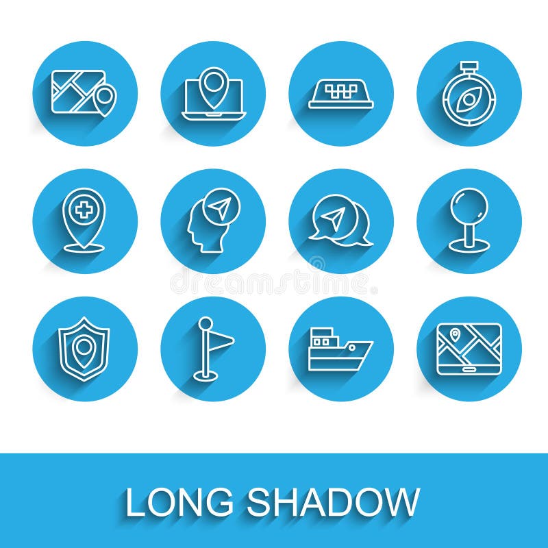 Set line Location shield, marker, Infographic of city map navigation, Ship line path, City, with person, Push pin and vector illustration