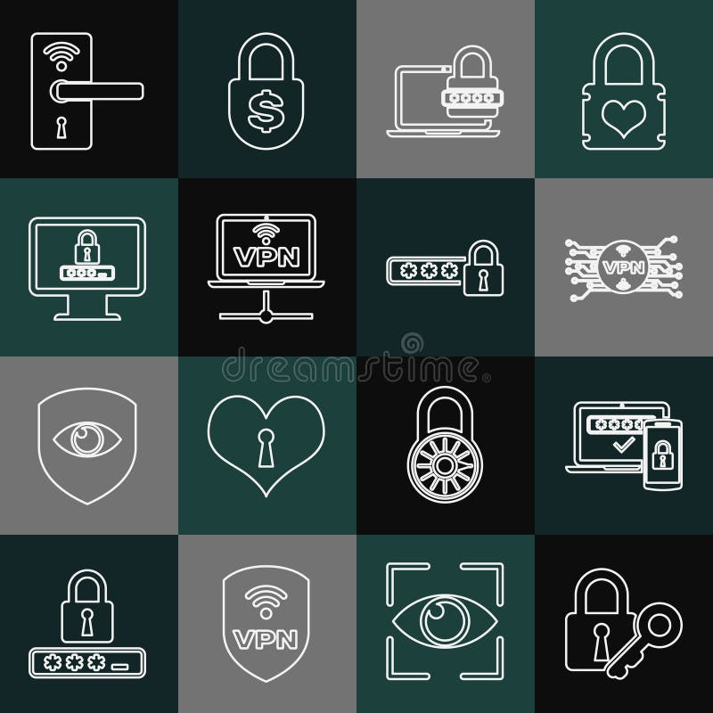 Set line Lock and key, Two steps authentication, VPN with microchip circuit, Laptop password, Computer network, Monitor stock illustration