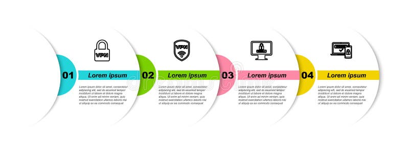 Set line Lock VPN, Shield with wireless, Monitor password and Two steps authentication. Business infographic template vector illustration