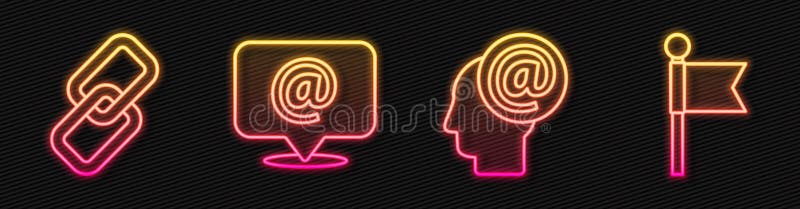 Set line Mail and e-mail, Chain link, Mail and e-mail and Location marker. Glowing neon icon. Vector stock illustration