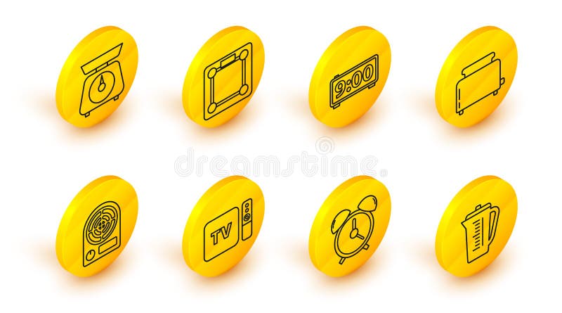 Set line Measuring cup Alarm clock TV box receiver and player with remote controller Electric heater Toaster toasts Digital alarm Bathroom scales and Scales icon. Vector. Set line Measuring cup Alarm clock TV box receiver and player with remote controller Electric heater Toaster toasts Digital alarm Bathroom scales and Scales icon. Vector.