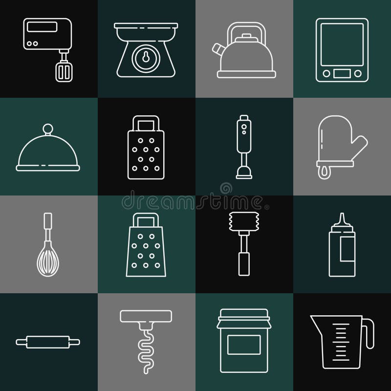 Set line Measuring cup, Sauce bottle, Oven glove, Kettle with handle, Grater, Covered tray, Electric mixer and Blender royalty free illustration