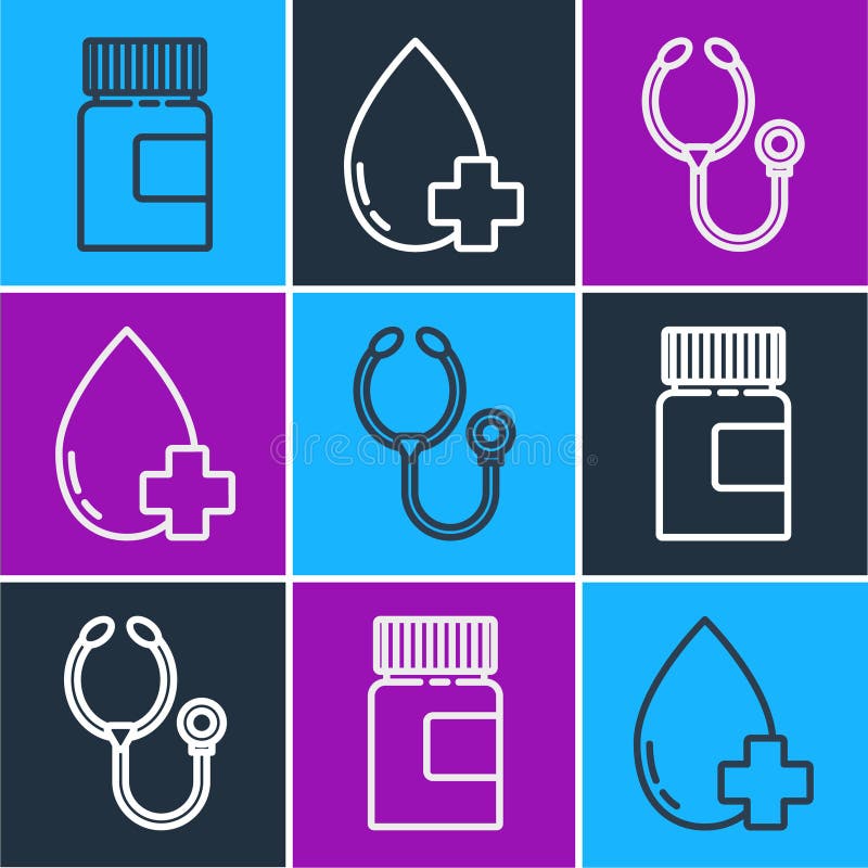 Set Line Medicine Bottle, Stethoscope and Donate Drop Blood with Cross Icon. Vector Stock Vector