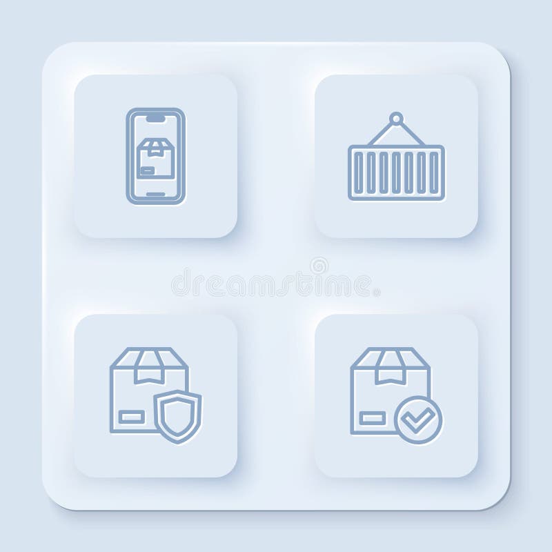 Set line Mobile app delivery tracking, Container on crane, Delivery security with shield and ackage box check mark royalty free illustration