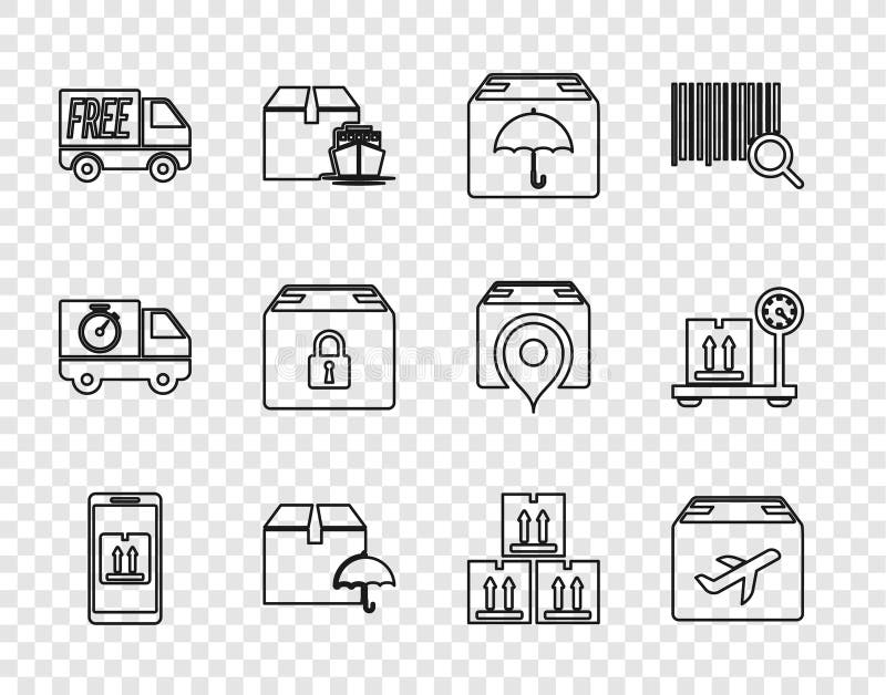 Set line Mobile with app tracking, Plane and cardboard box, Delivery package umbrella, Free delivery service, Locked vector illustration