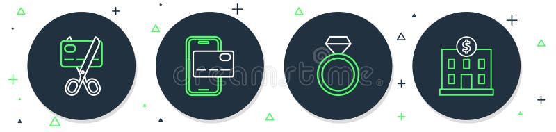 Set line Mobile banking, Diamond engagement ring, Scissors cutting credit card and Bank building icon. Vector vector illustration