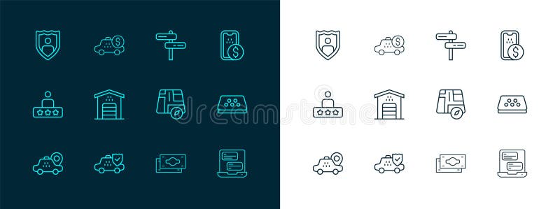Set line Mobile banking, Taxi car insurance, Location taxi, Stacks paper money cash, Garage for, Road traffic sign, Life stock illustration