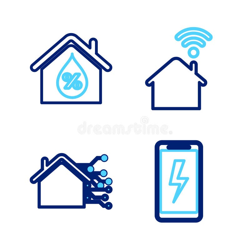 Set line Mobile charging battery, Smart home, with wi-fi and House humidity icon. Vector royalty free illustration