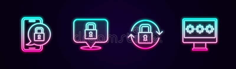Set line Mobile with closed padlock, Lock, and Monitor password. Glowing neon icon. Vector vector illustration