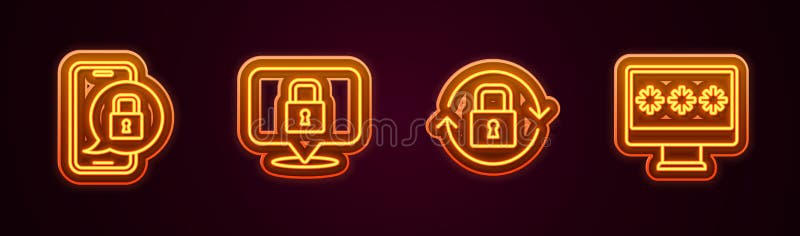Set line Mobile with closed padlock, Lock, and Monitor password. Glowing neon icon. Vector vector illustration