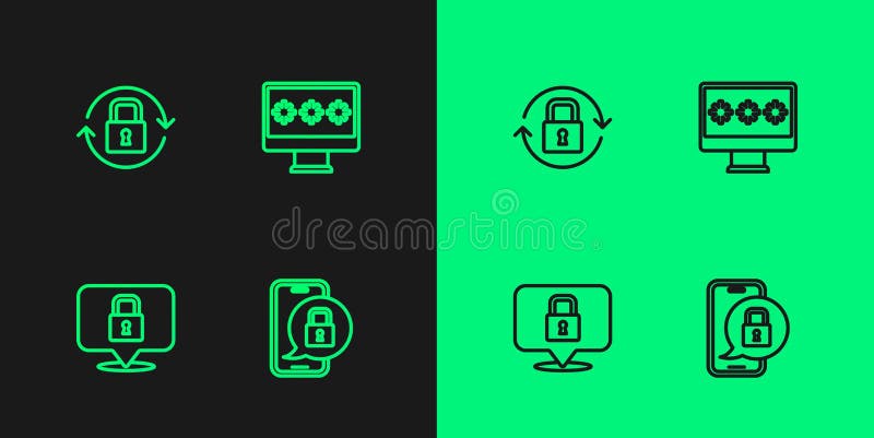 Set line Mobile with closed padlock, Lock, and Monitor password icon. Vector royalty free illustration