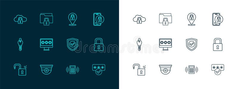Set line Mobile with closed padlock, Security camera, Shield check mark, keypad access panel, Monitor password, Lock royalty free illustration