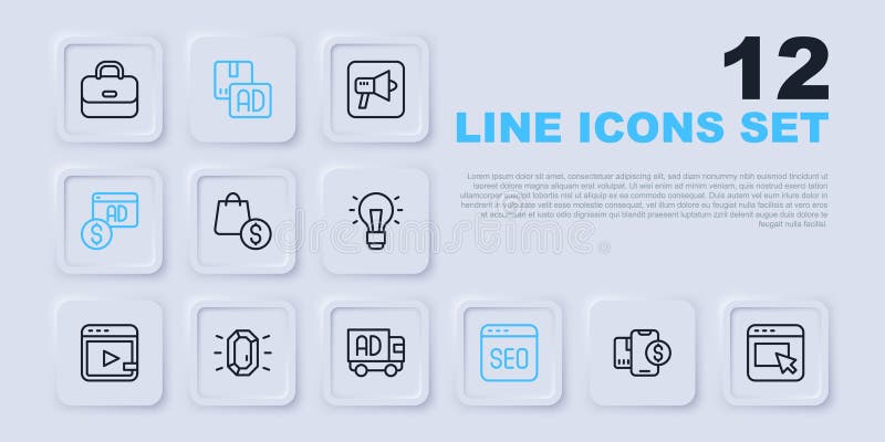Set line Mobile with dollar, Advertising, shopping bag and, SEO optimization, Diamond, and truck icon. Vector stock illustration