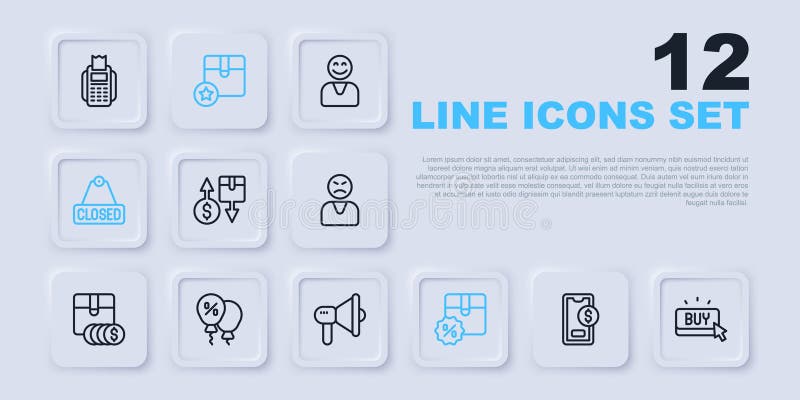 Set line Mobile with dollar, Buy button, Tax cardboard box, Cardboard discount, Hanging sign text Closed, Discount stock illustration