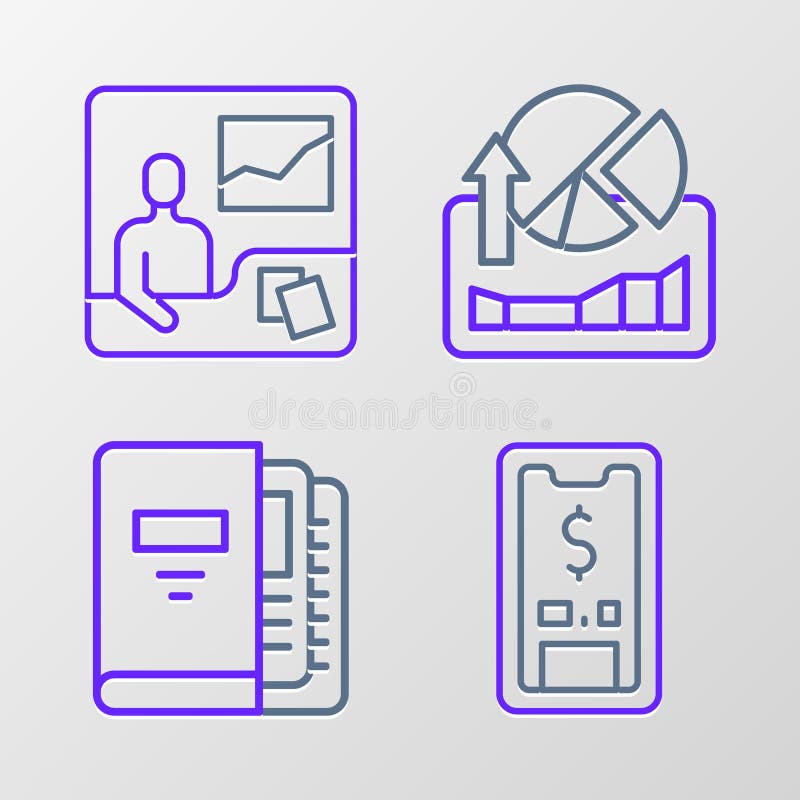 Set line Mobile with dollar, Office folders, Stocks market growth graphs and Trading courses icon. Vector stock illustration