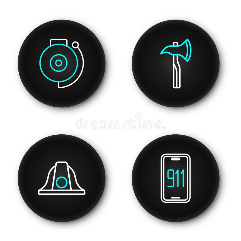 Set line Mobile emergency call 911, Firefighter helmet, axe and Ringing alarm bell icon. Vector stock illustration