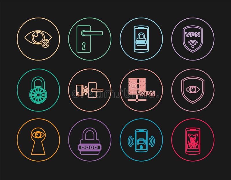 Set line Mobile and face recognition, Shield eye, password, Digital door lock with wireless, Safe combination wheel vector illustration