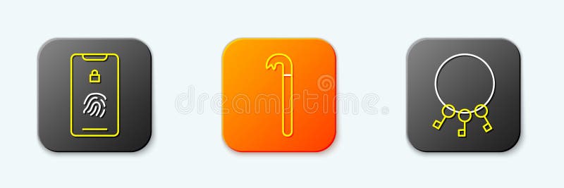 Set line Mobile with fingerprint scan, Crowbar and Bunch of keys icon. Vector royalty free illustration