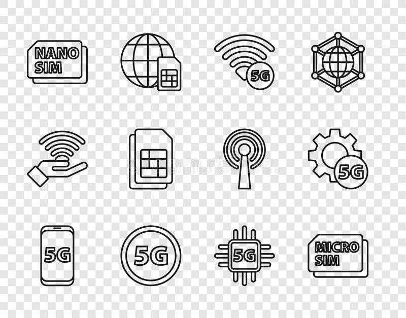 Set line Mobile with 5G network, Micro Sim Card, Nano, card, Processor and Setting icon. Vector
