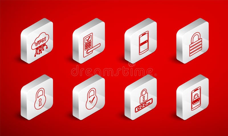 Set line Mobile and password, Digital door lock with wireless, Lock, Password protection, Cloud VPN interface, Padlock royalty free illustration