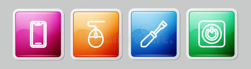 Setați driverul pentru mouse și butonul de alimentare pentru telefon mobil linie. buton pătrat colorat. vector royalty free illustration