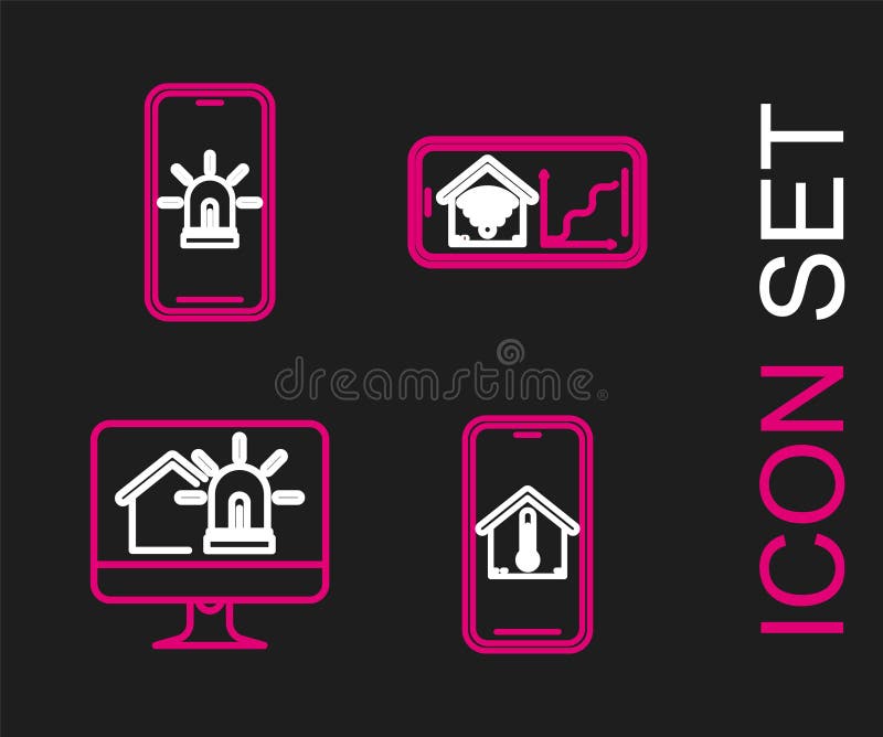 Set line Mobile phone with house temperature, Computer monitor smart and alarm, home wi-fi and icon. Vector vector illustration