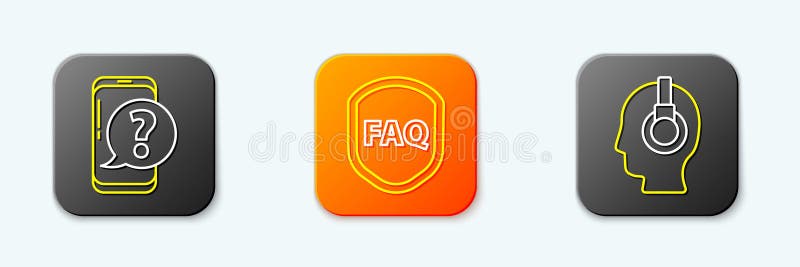 Set line Mobile phone with question, Shield text FAQ and Support operator in touch icon. Vector royalty free illustration