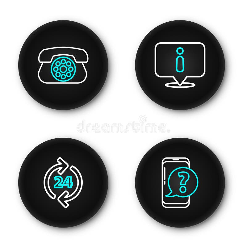 Set line Mobile phone with question, Telephone 24 hours support, Information and icon. Vector royalty free illustration