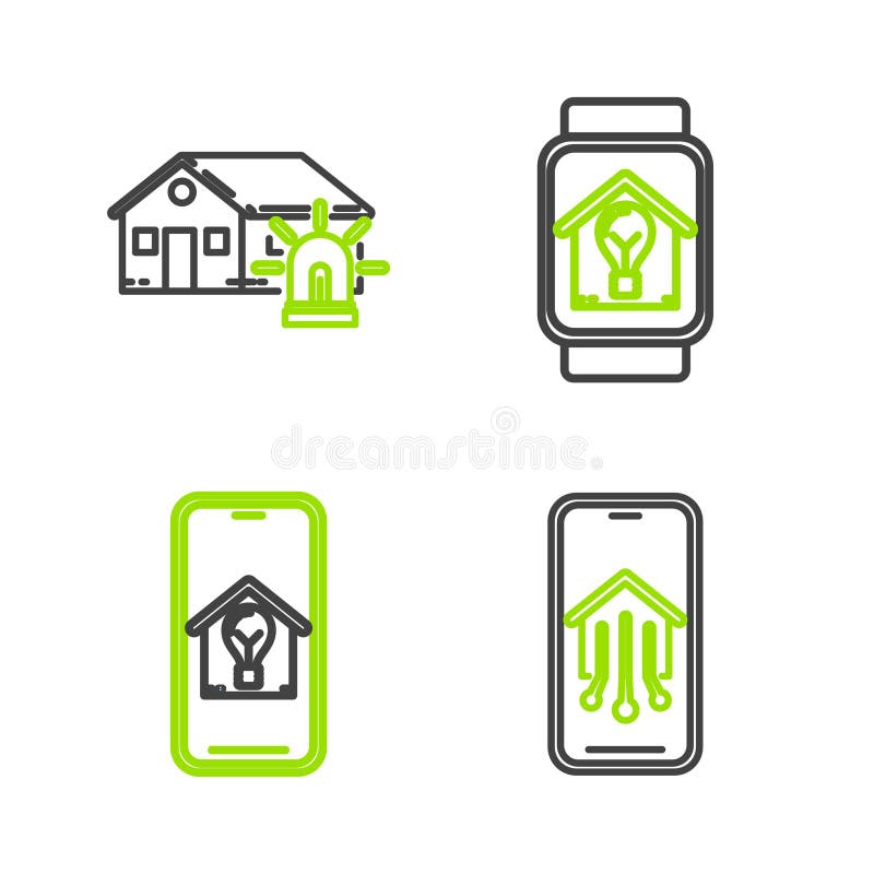 Set line Mobile phone with smart home, house and light bulb, Smart watch and alarm icon. Vector stock illustration