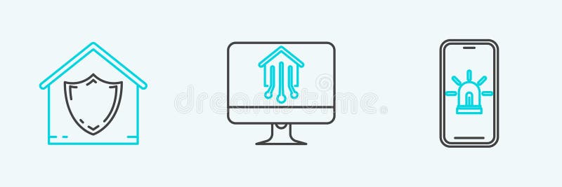 Set line Mobile phone with smart house and alarm, House under protection and Computer monitor home icon. Vector vector illustration