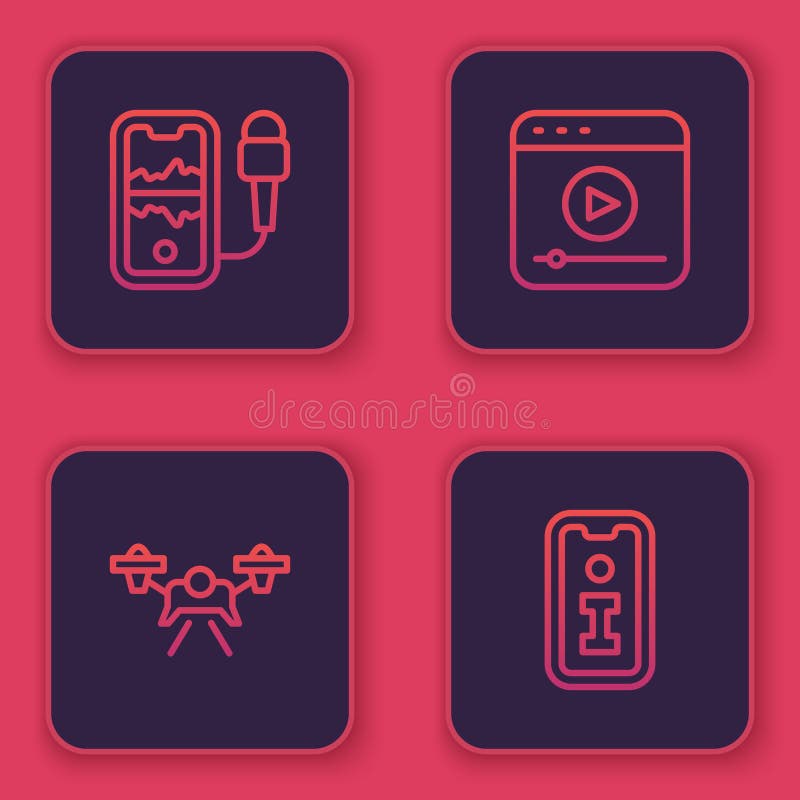 Set line Mobile recording, Drone, Live stream and Information. Blue square button. Vector vector illustration