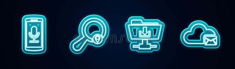 Set line Mobile recording, Search location, FTP folder download and Cloud mail server. Glowing neon icon. Vector stock illustration