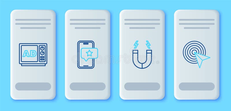 Set line Mobile with review rating, Magnet, Advertising and icon. Vector stock illustration