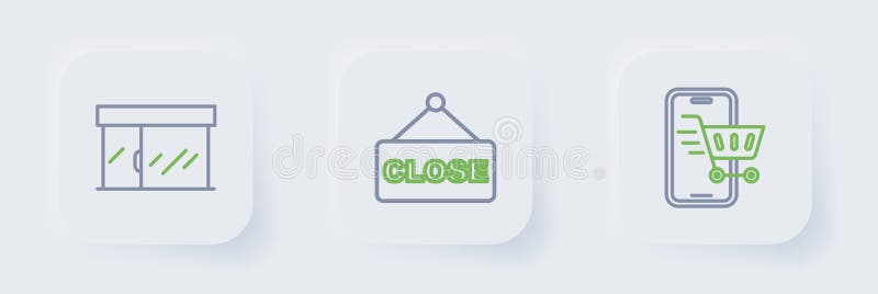 Set line Mobile with shopping cart, Hanging sign text Closed and Market store icon. Vector vector illustration