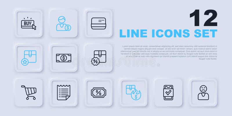 Set line mobile shopping сердитый клиент стеки бумажные деньги горячие цены картонная коробка список пожеланий шаблон бесплатная иллюстрация