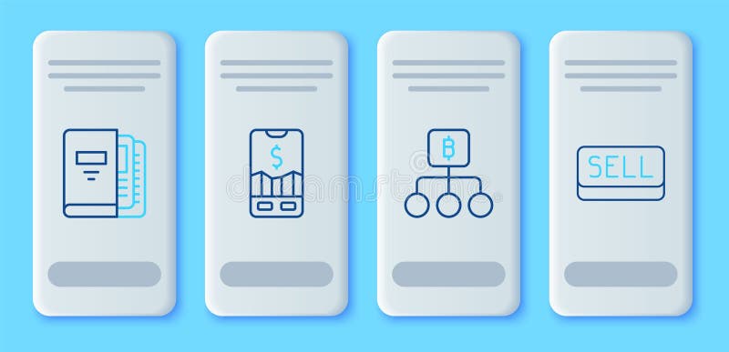 Set line Mobile stock trading, Blockchain technology Bitcoin, Office folders and Sell button icon. Vector stock illustration