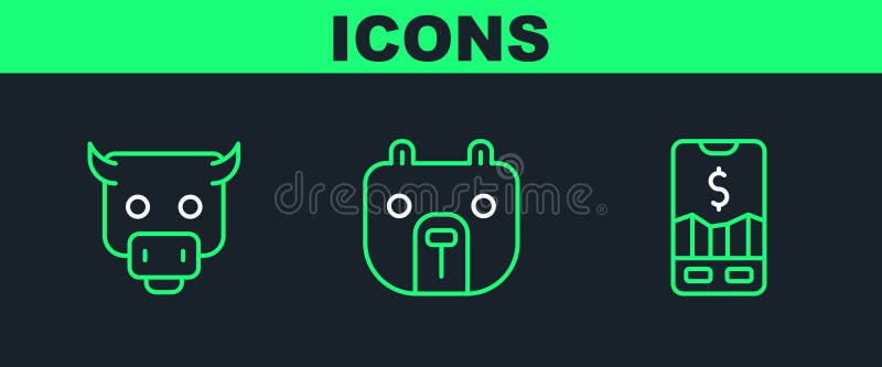 Set line Mobile stock trading, Bull market and Bear icon. Vector royalty free illustration