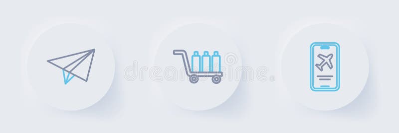 Set line Mobile with ticket, Trolley baggage and Paper airplane icon. Vector stock illustration