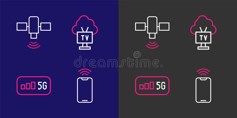 Set line Mobile with wi-fi wireless, 5G internet, Smart Tv and Satellite icon. Vector stock illustration
