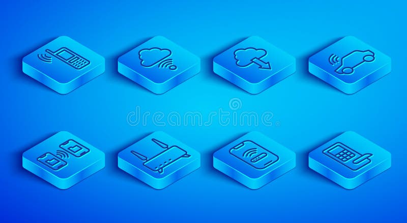 Set line Mobile with wi-fi wireless, Network cloud connection, Cloud download, Router and signal, Smart car system, Data vector illustration