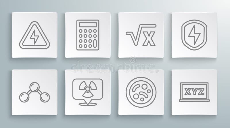 Set line Molecule, Calculator, Radioactive in location, Bacteria, XYZ Coordinate system, Square root of x glyph, Secure stock illustration