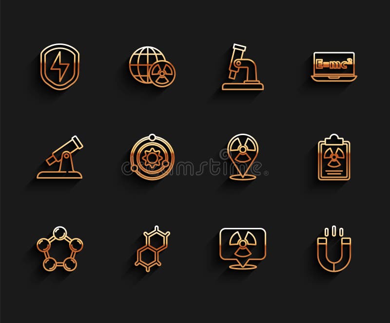 Set line Molecule, Chemical formula, Secure shield with lightning, Radioactive location, Magnet, Solar system, Radiation stock illustration