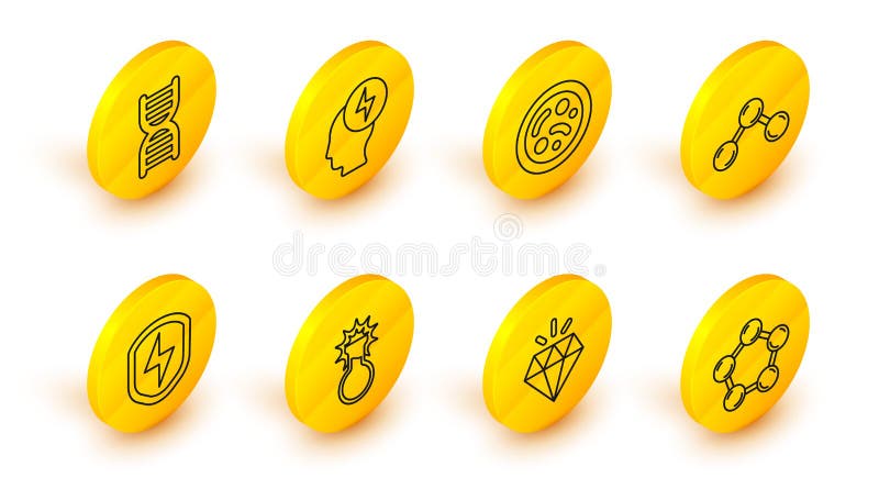 Set line Molecule, Diamond, Test tube and flask, Secure shield with lightning, Bacteria, Head electric symbol and DNA royalty free illustration