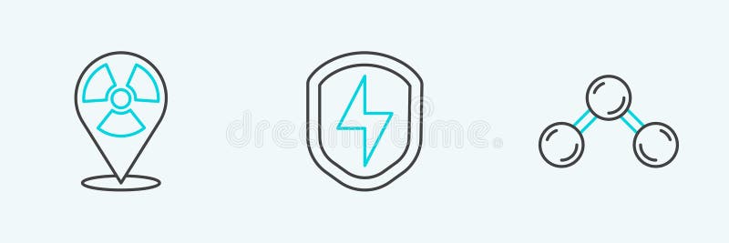 Set line Molecule, Radioactive in location and Secure shield with lightning icon. Vector stock illustration