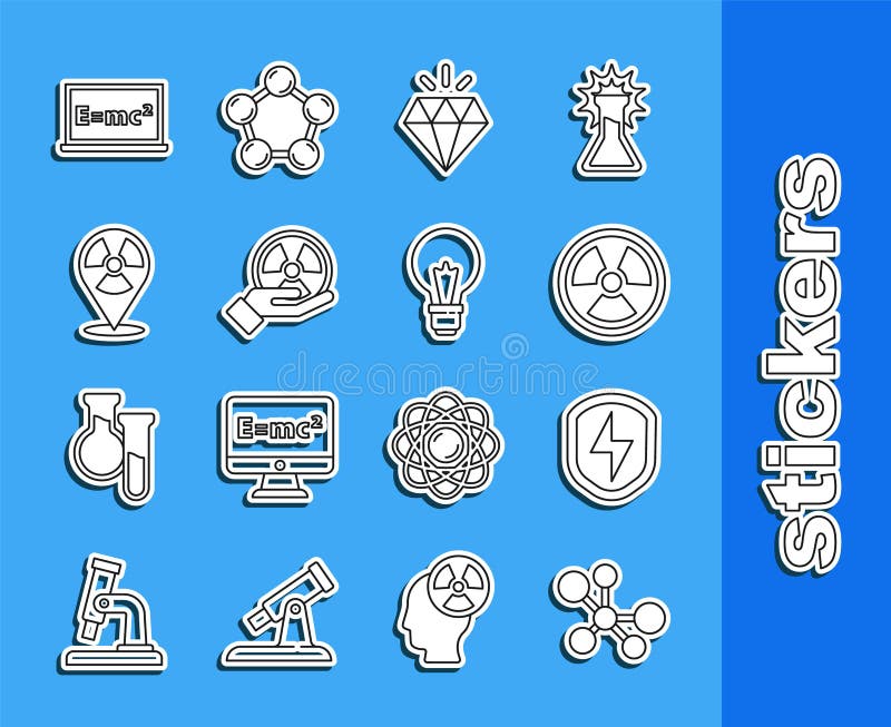 Set line Molecule, Secure shield with lightning, Radioactive, Diamond, location, Equation solution and Light bulb vector illustration