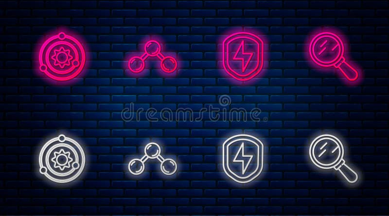 Set line Molecule, Secure shield with lightning, Solar system and Magnifying glass. Glowing neon icon on brick wall vector illustration
