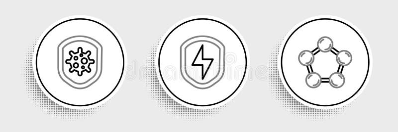 Set line Molecule, Shield protecting from virus and Secure shield with lightning icon. Vector vector illustration